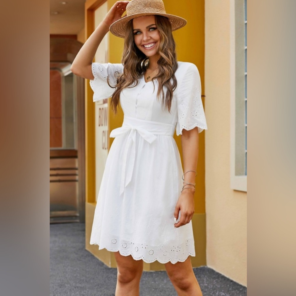 White Half Sleeve V Neck Cotton Summer Mini Dress